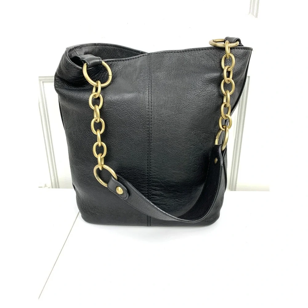 Laundry by Shelli Segal Black Leather Hobo Bucket Purse Gold Chain Strap Medium